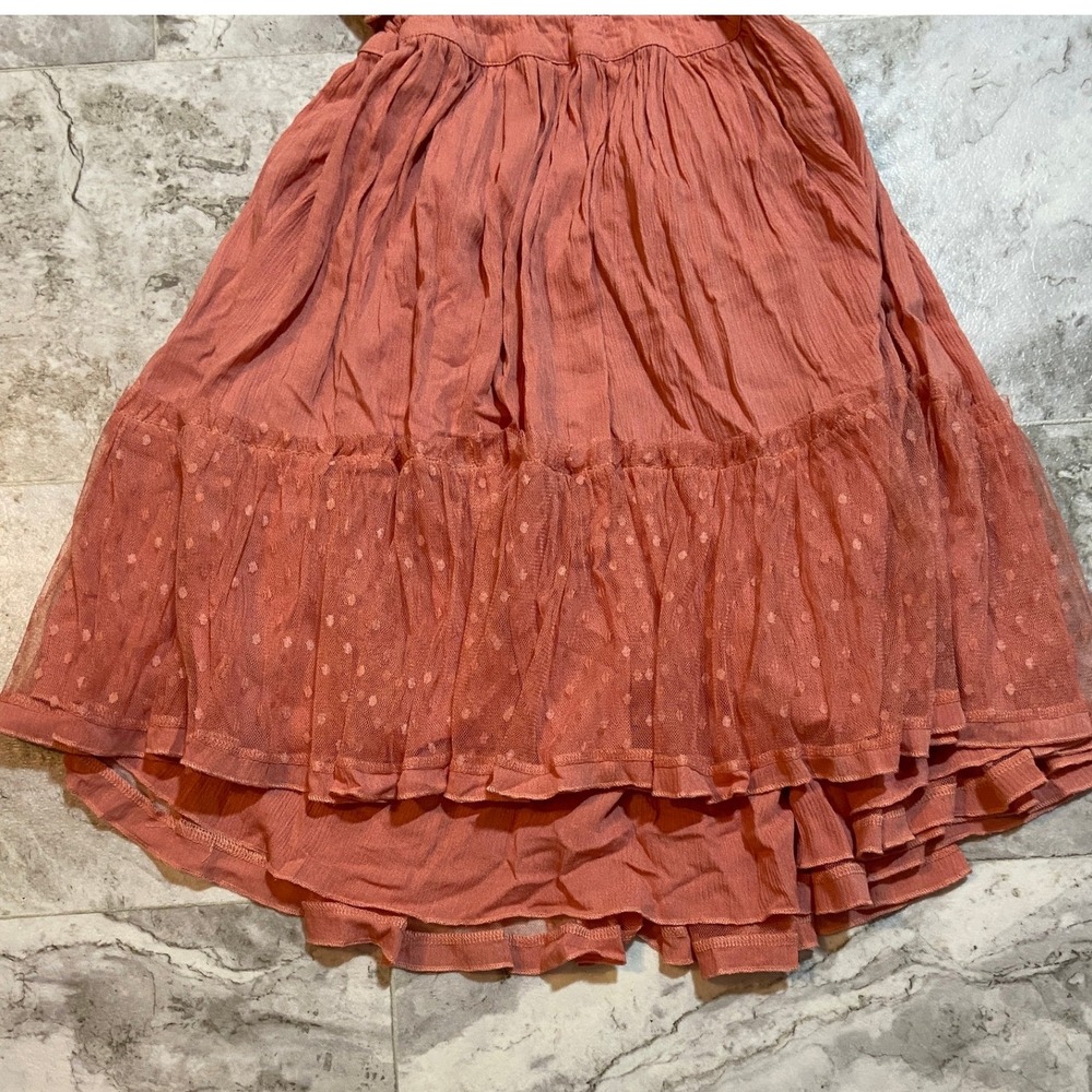 Boho Terracotta Halter Mini Dress Sz Med Deep-V Backless Ruffle Lace Skirt - Picture 9 of 12